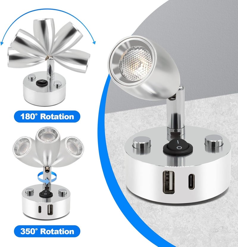 WTNYOU 2-PCS RV Reading Lights 12V Interior with USB-A & USB-C Charging Ports, Rotatable Camper LED Light Fixture, RV Bedside Light for Motorhome, Camper, Travel Traile, Boat and Van - Image 3